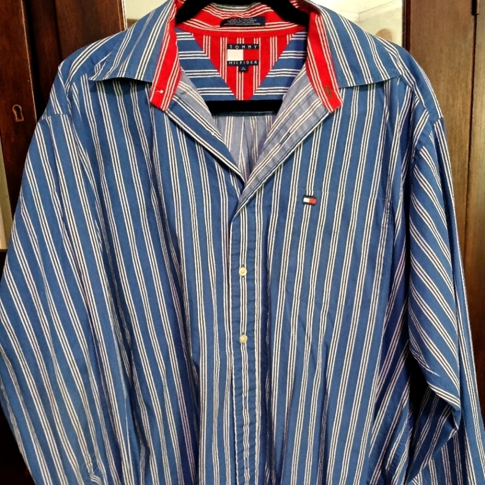 Vintage 1990s Mens Tommy Hilfiger Red White and Blue Striped Button Up Large